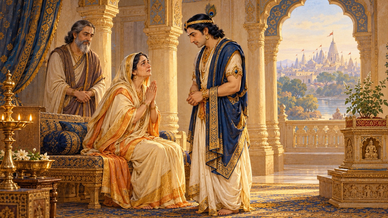 Queen Kunti with tearful eyes speaking to Akrura while Vidura listens, in a quiet chamber of the Hastinapura palace