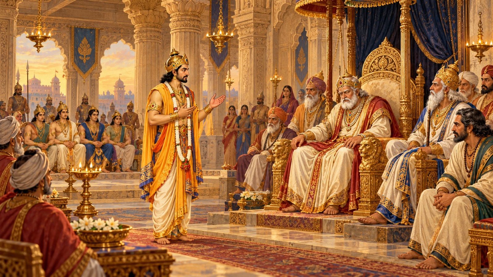 Akrura standing before the blind King Dhritarashtra in the Kuru assembly at Hastinapura, with Bhishma and Vidura seated nearby, delivering Krishna's message