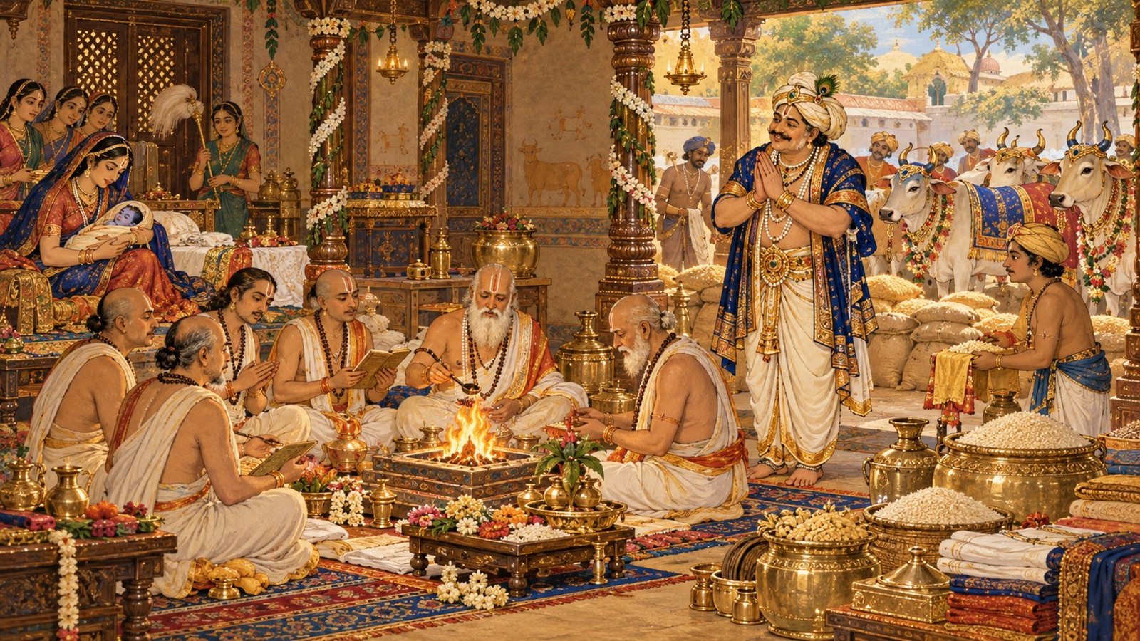 Nanda having the sacred birth-ceremony performed for the infant Krishna by brahmanas at Gokula