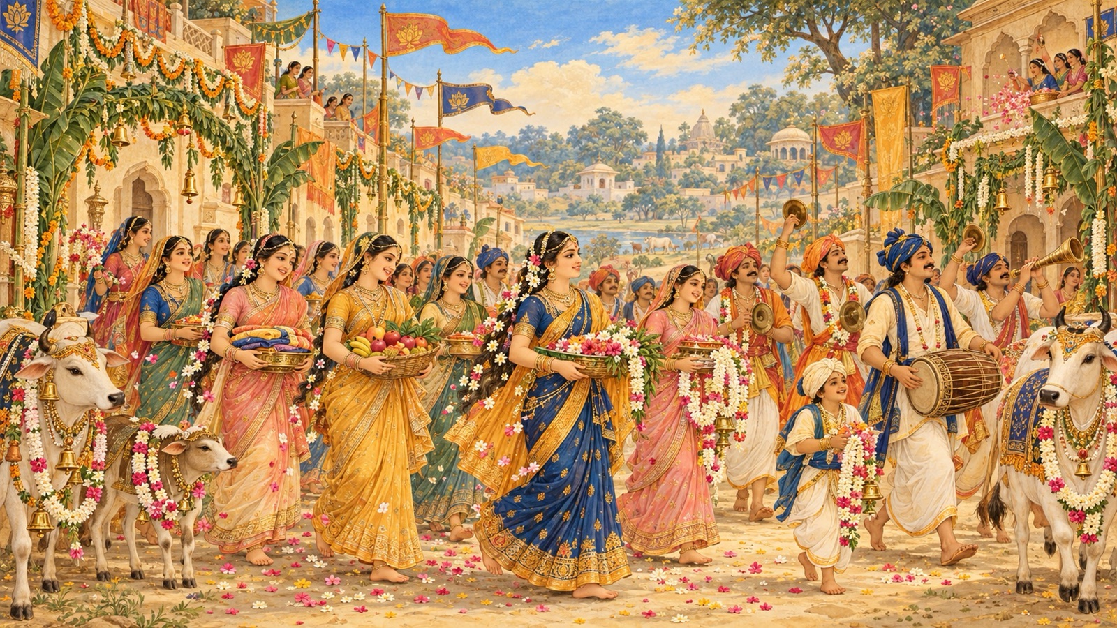 The cowherd men and women of Vraja in festive dress bringing gifts and singing at the birth celebration