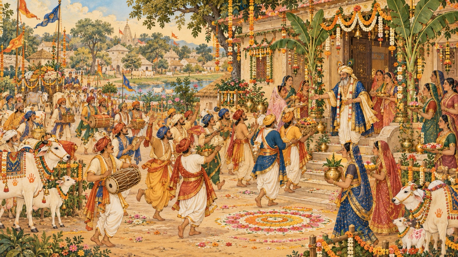 The cowherds and their wives of Gokula singing and celebrating the birth festival of Krishna at Nanda's house