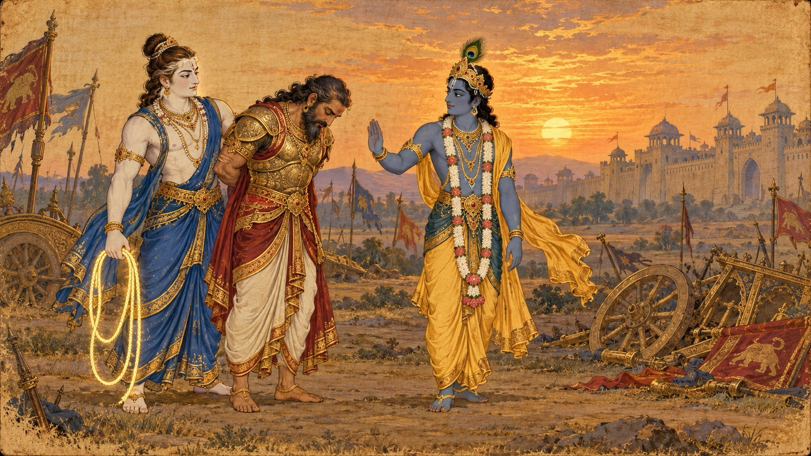 रथहीन जरासन्ध को पकड़े हुए बलराम, जबकि कृष्ण हाथ उठाकर उन्हें रोकते और राजा को छोड़ते हैं