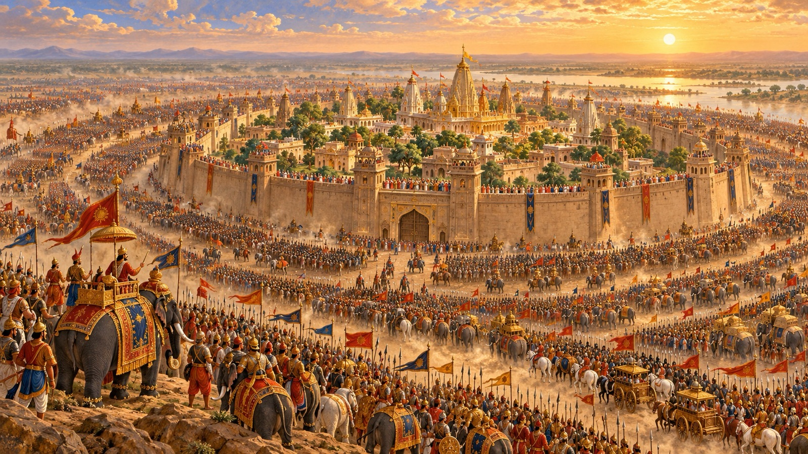 Jarasandha's vast host of elephants, chariots and banners encircling the walled city of Mathura