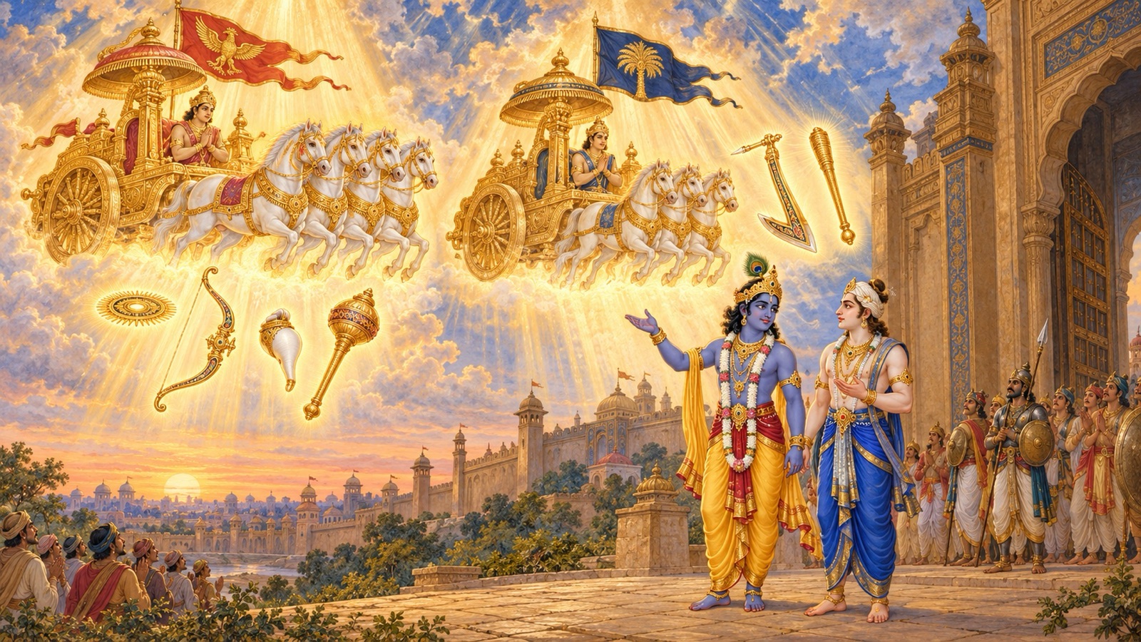 Two sun-bright celestial chariots descending from the sky before Krishna and Balarama at the gate of Mathura