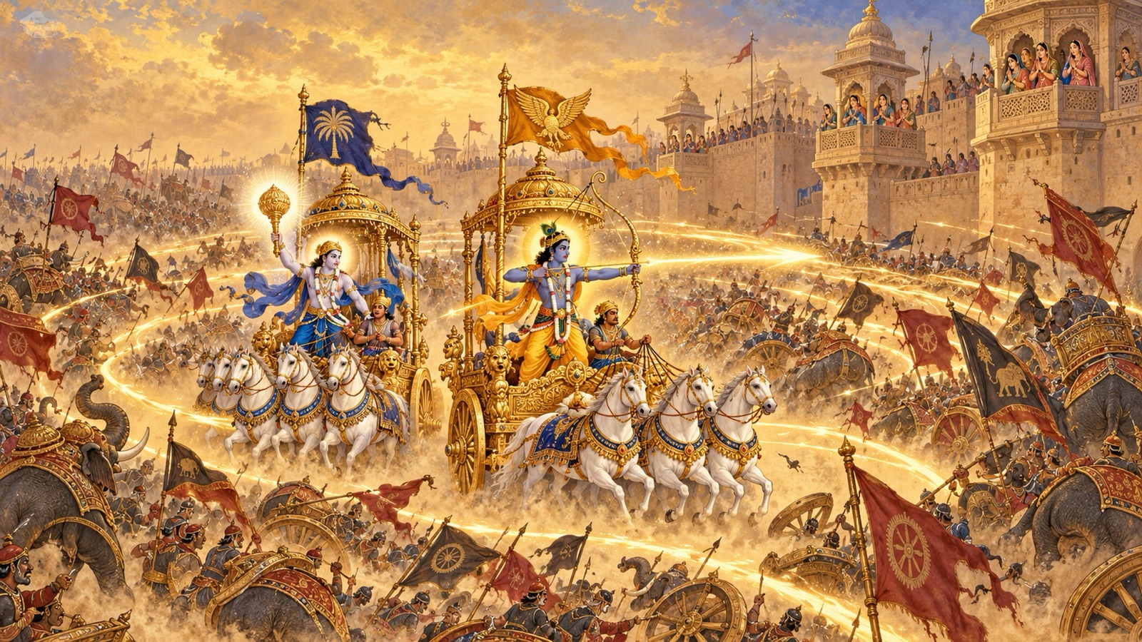 Krishna's Sharnga bow and Balarama's club blazing as radiance through the massed banners of the Magadha army while the women of Mathura watch from the ramparts