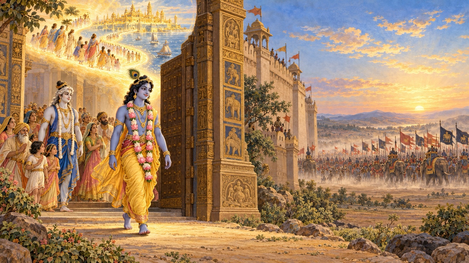 Krishna walking unarmed out of Mathura's gate wearing a lotus garland, with Dvaraka shining in the sea behind and Kalayavana's banners in the distance