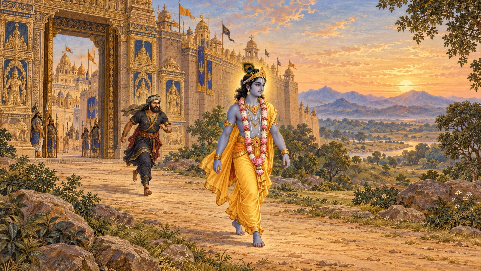 कमलों की माला पहने, निःशस्त्र मथुरा के द्वार से निकलते कृष्ण, और दूर से पीछा करता कालयवन