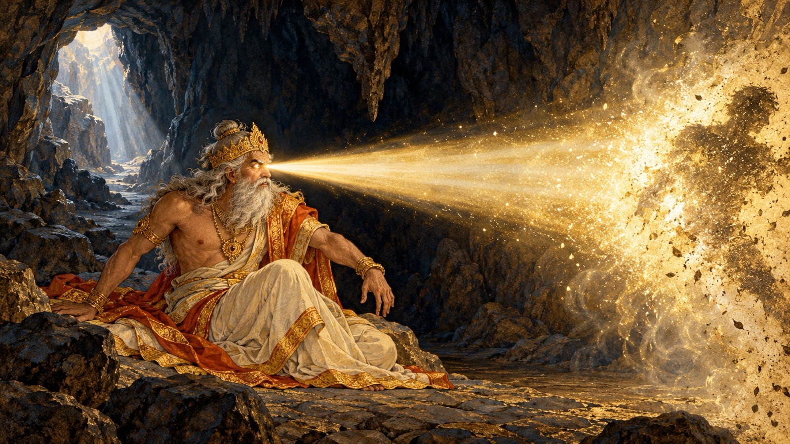 अँधेरी गुफा में उठकर बैठते राजा मुचुकुन्द, जिनकी खुलती आँखों से यवन की ओर स्वर्णिम प्रकाश की लपट फूटती है