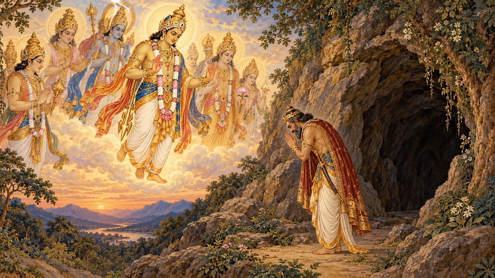 गुफा के द्वार पर राजा मुचुकुन्द को आशीर्वाद देते इन्द्र और देवगण, जबकि राजा विश्राम के लिए प्रवेश करने से पहले प्रणाम करते हैं