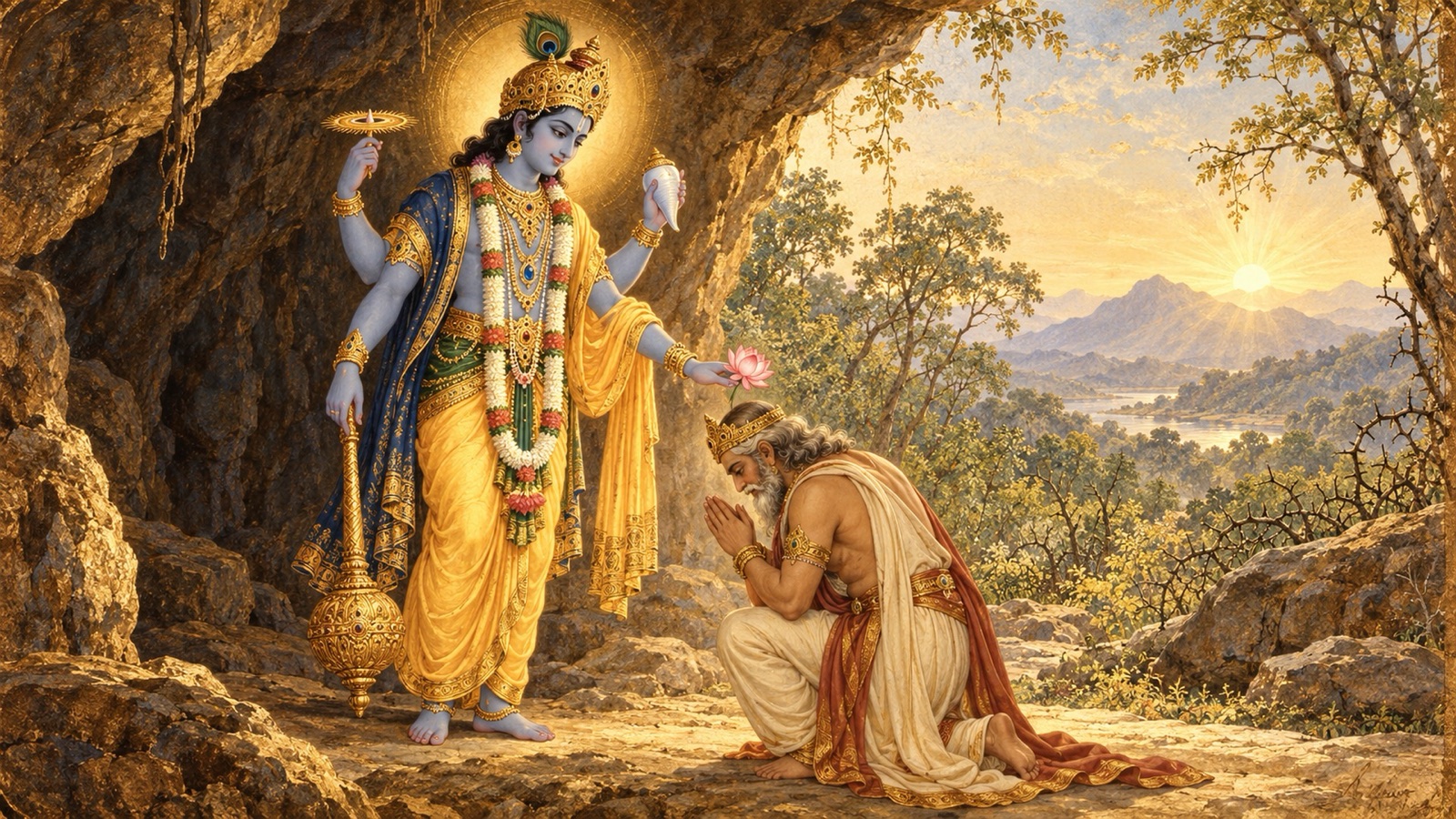 गुफा के प्रकाशित द्वार पर झुके राजा मुचुकुन्द पर आशीर्वाद का हाथ बढ़ाते चतुर्भुज प्रभु