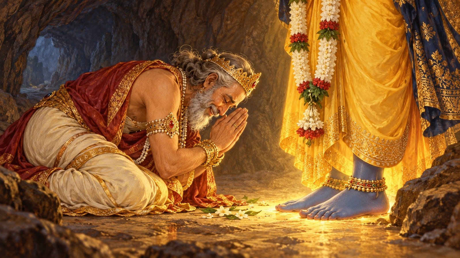 King Mucukunda kneeling with folded hands at the lotus feet of the Lord, who stands radiant in yellow silk