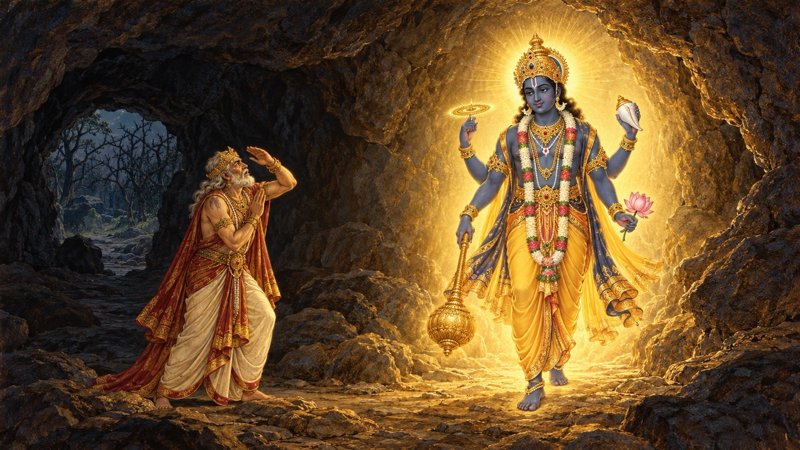 King Mucukunda standing in awe inside a dark mountain cave as the four-armed Lord, holding conch, discus, mace and lotus, fills it with golden light