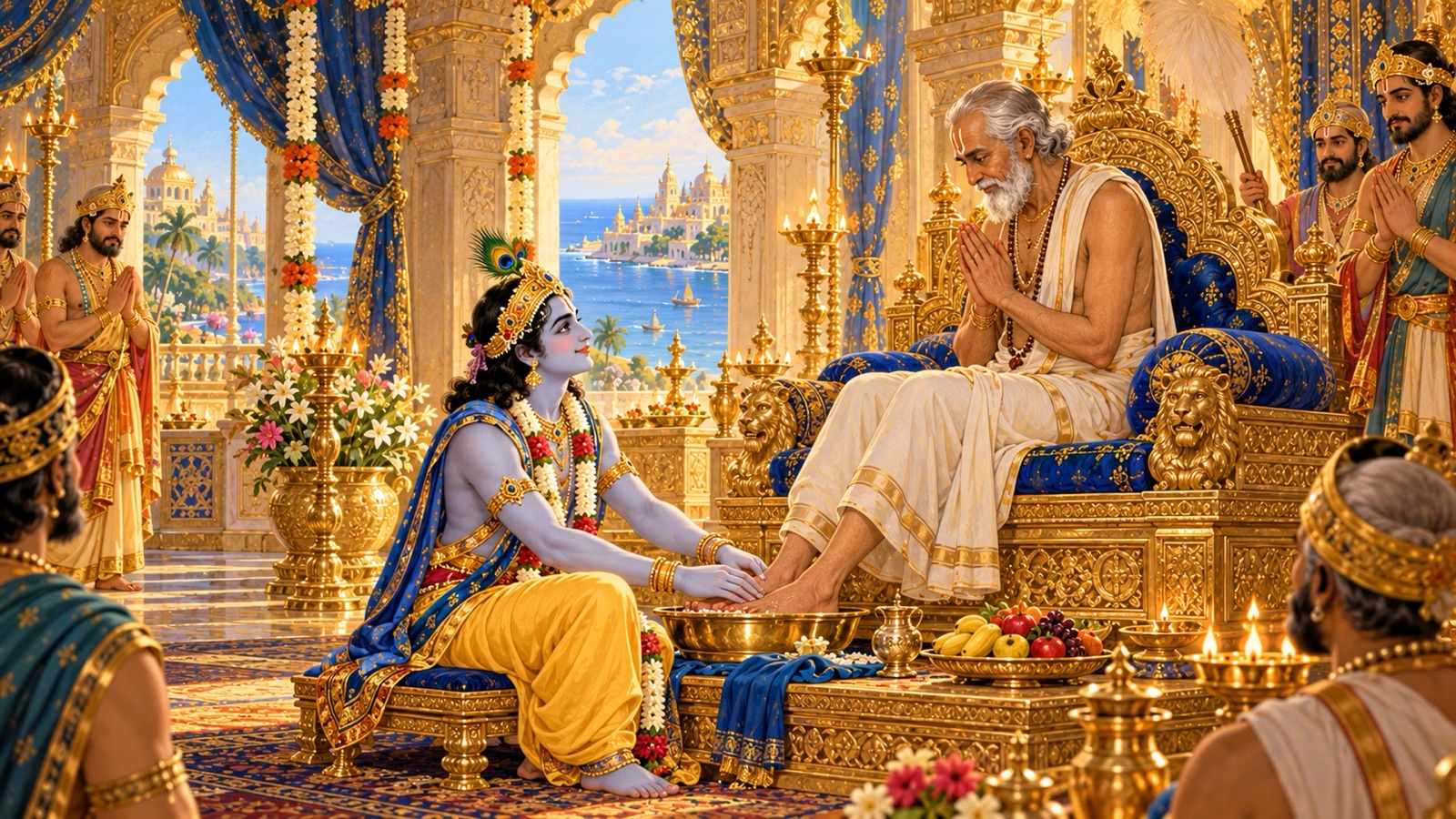द्वारका में ब्राह्मण दूत को स्वर्ण-सिंहासन पर बिठाकर उनके चरण दबाते कृष्ण