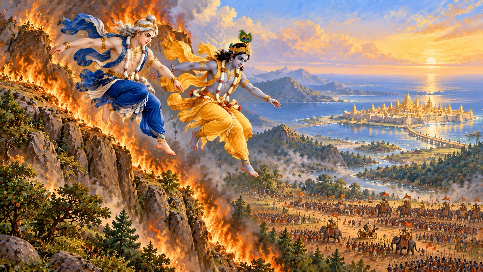 Krishna and Balarama leaping from the summit of Mount Pravarshana as Jarasandha's fires blaze around its slopes