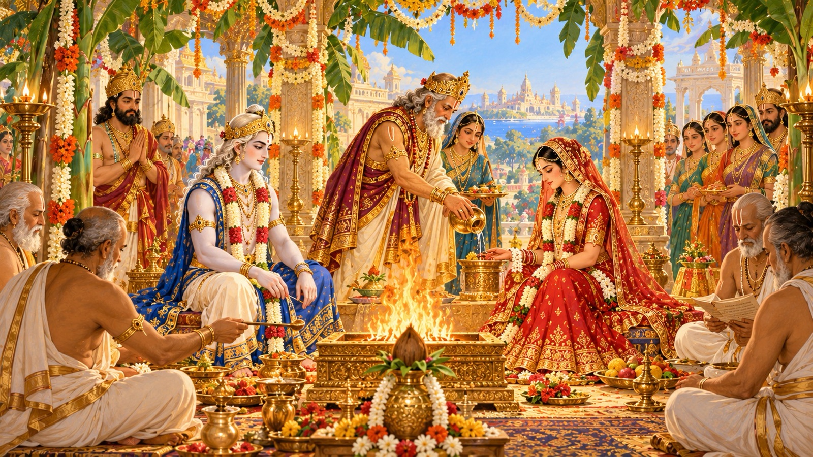 King Raivata giving his daughter Revati in marriage to Balarama before the sacred fire