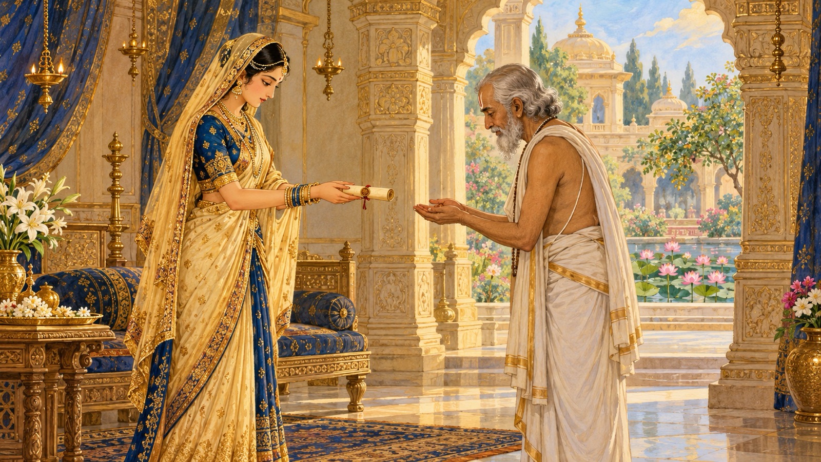 Princess Rukmini in her palace at Vidarbha entrusting her secret message for Krishna to a trusted brahmana