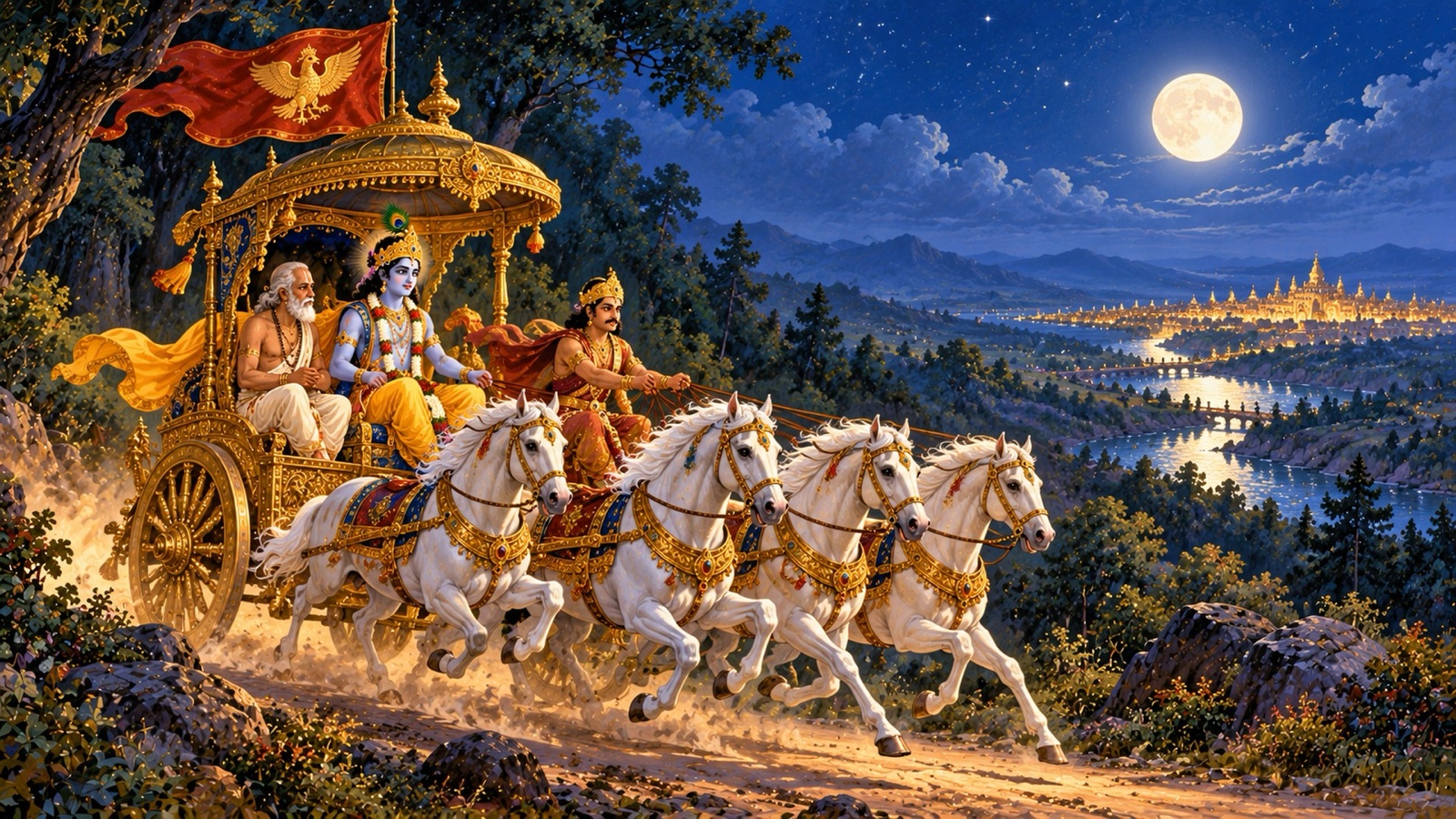 चार घोड़ों के रथ पर ब्राह्मण दूत के साथ कृष्ण, सारथि दारुक रथ हाँकते हुए, रात में विदर्भ की ओर दौड़ते