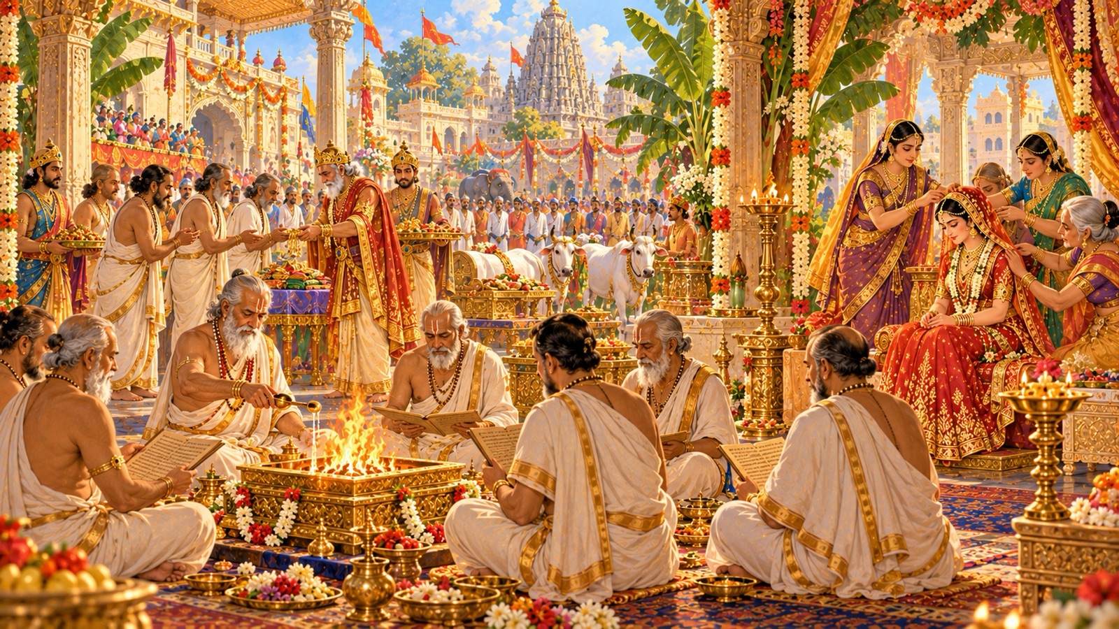 King Bhishmaka's wedding preparations in Kundina, with brahmanas chanting at the sacred fire and the city decked with flags and arches