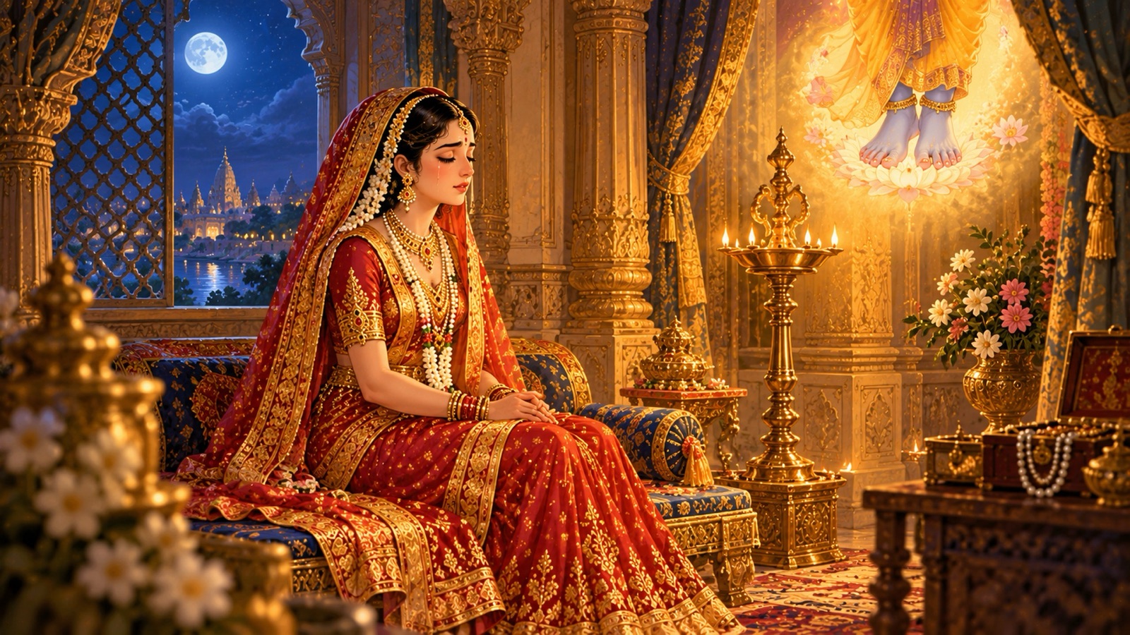 Rukmini alone in the inner palace at night, eyes closed in prayer, waiting for news of Krishna