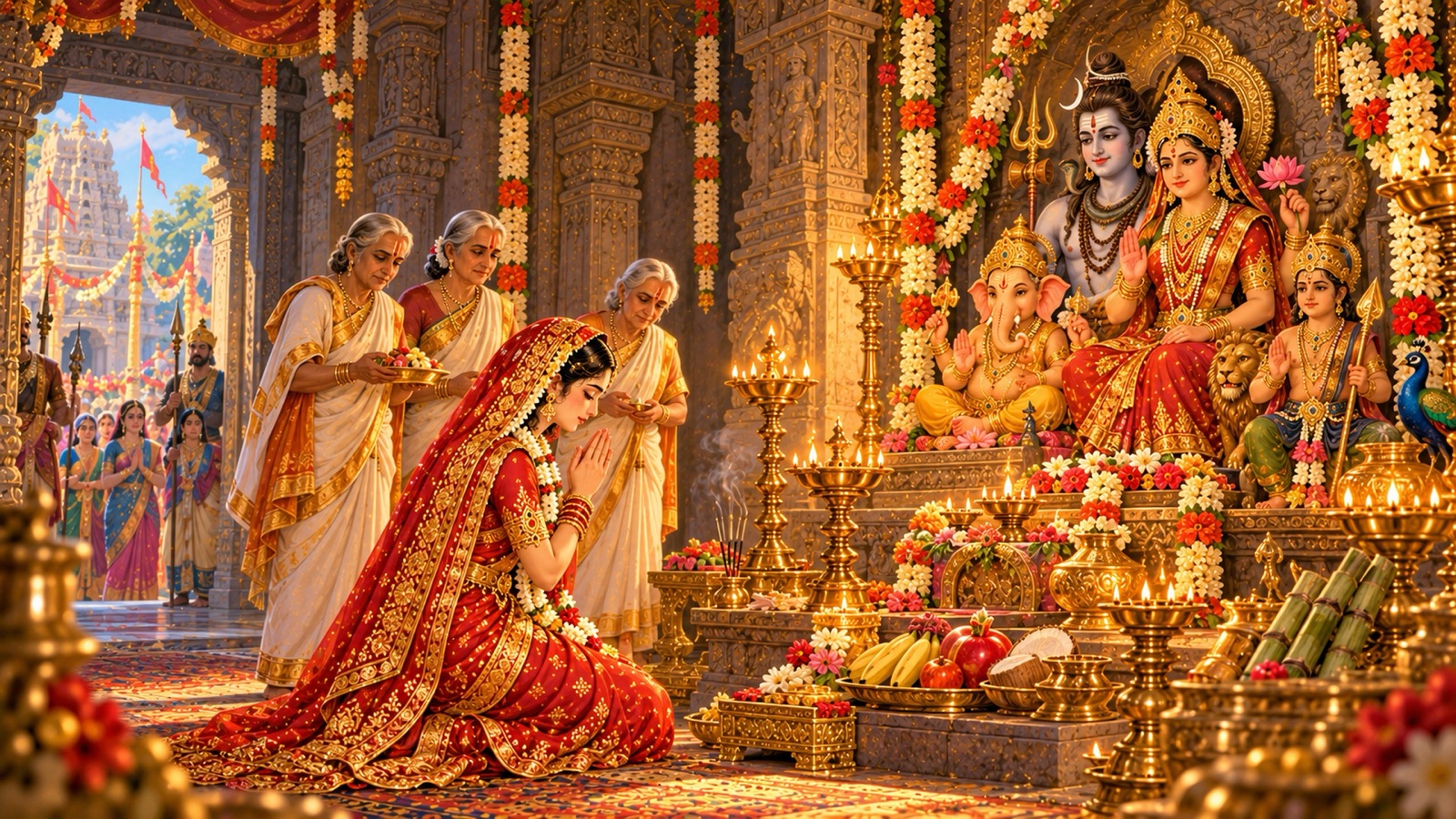 Rukmini worshipping Goddess Ambika in the temple sanctum with lamps and offerings, elder brahmana ladies beside her