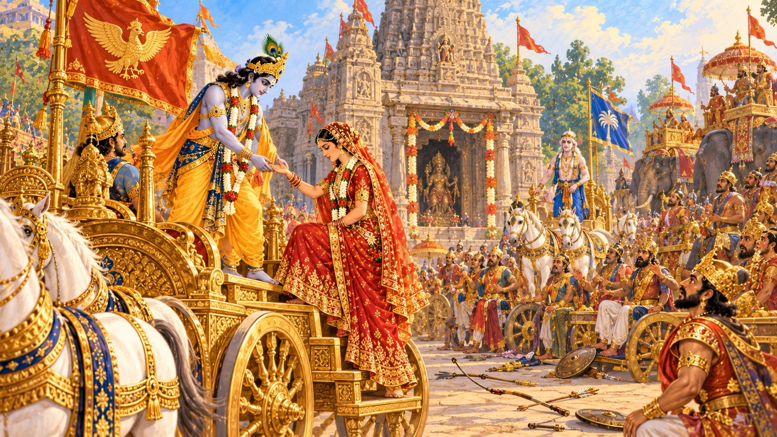 Krishna lifting Rukmini onto His Garuda-bannered chariot outside the Ambika temple as the assembled kings watch helplessly