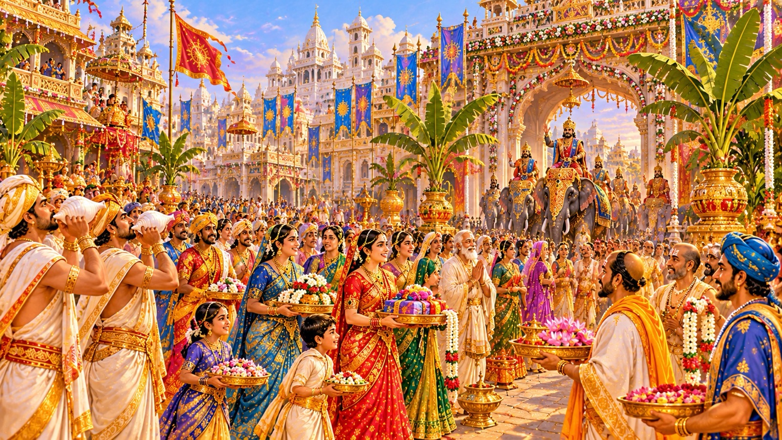 ध्वजाओं, तोरणों, दीपों और केले के वृक्षों से सजी द्वारका की सड़कें, जहाँ नगरवासी विवाह के उपहार ला रहे हैं