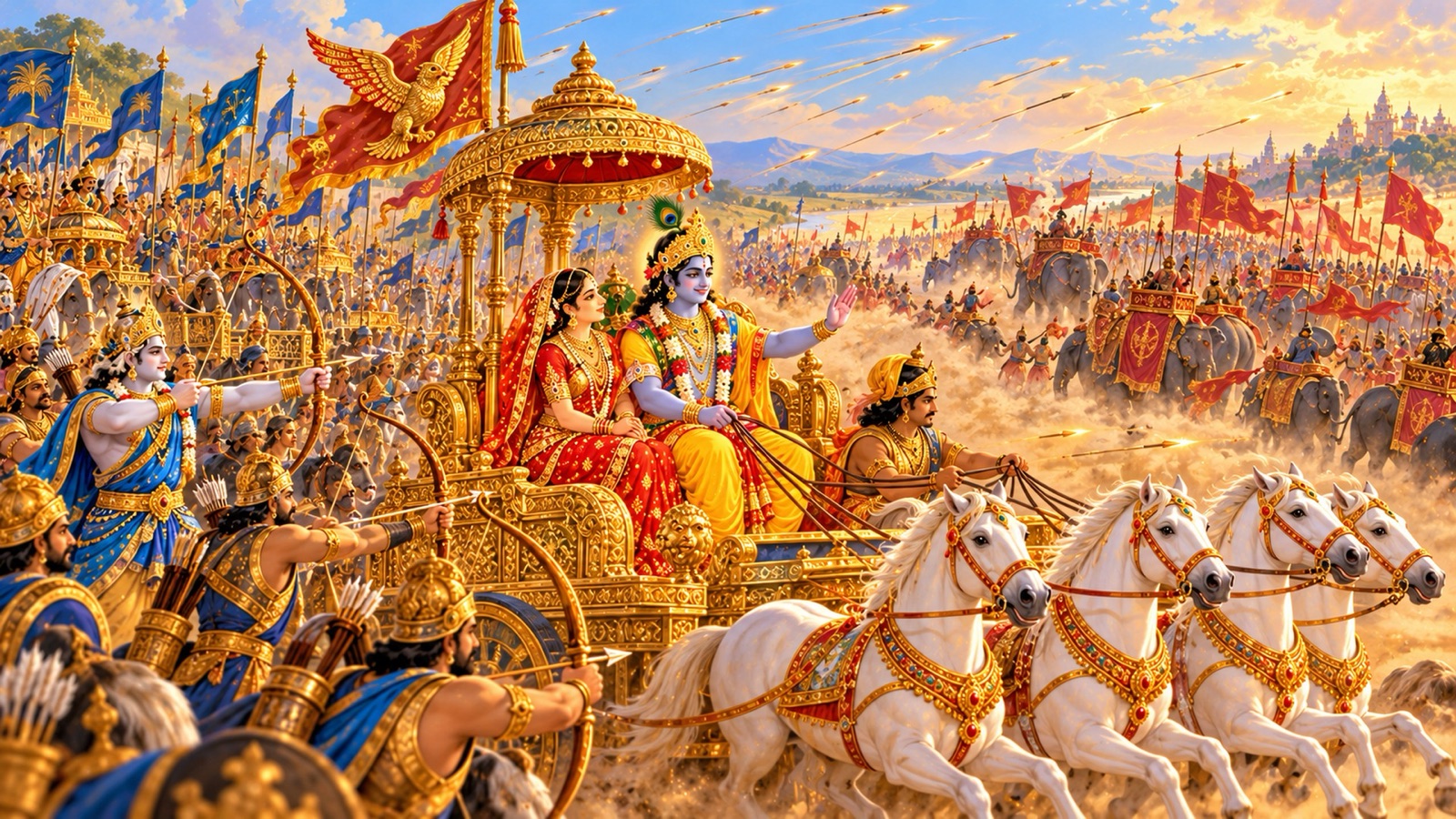 Krishna on His chariot reassuring Rukmini as the Yadava heroes turn back the massed banners of the pursuing kings