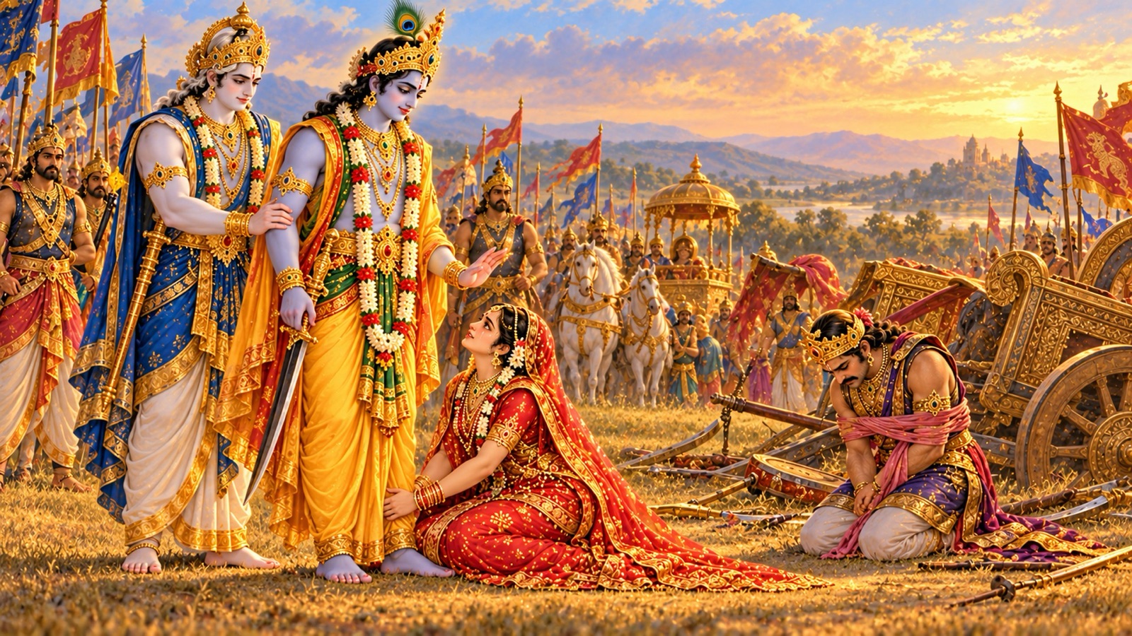 Rukmini falling at Krishna's feet to beg for her brother Rukmi's life while Balarama stays the Lord's sword