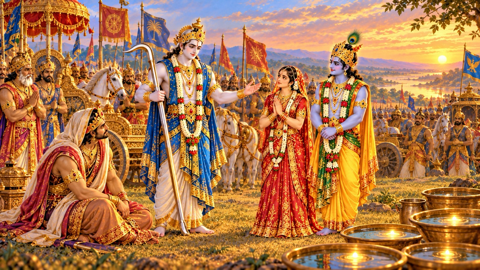 Balarama releasing the bound Rukmi and speaking gently to Rukmini and Krishna