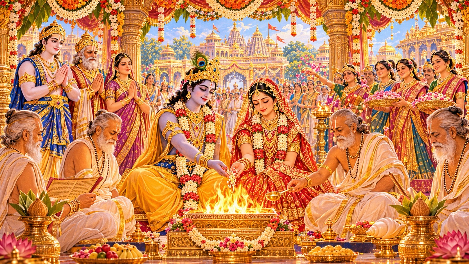 Krishna and Rukmini seated before the sacred fire at their wedding in Dvaraka, surrounded by brahmanas, lamps and rejoicing citizens
