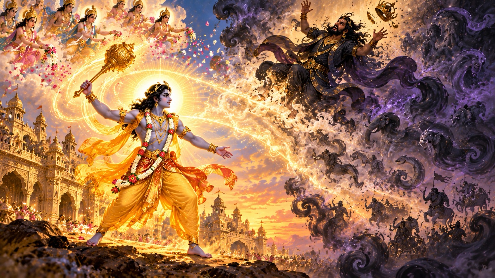 महामाया विद्या से दीप्त प्रद्युम्न प्रतीकात्मक युद्ध में दैत्य शम्बर की मायाओं को भेदते हुए