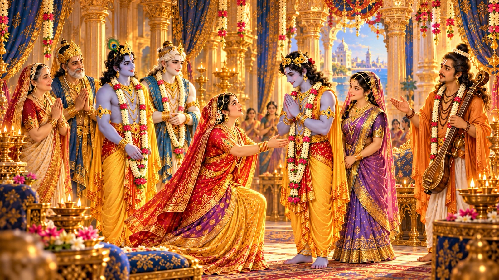 महल में एकत्र कृष्ण, बलराम, देवकी और वसुदेव के साथ युवा प्रद्युम्न को निहारती रुक्मिणी