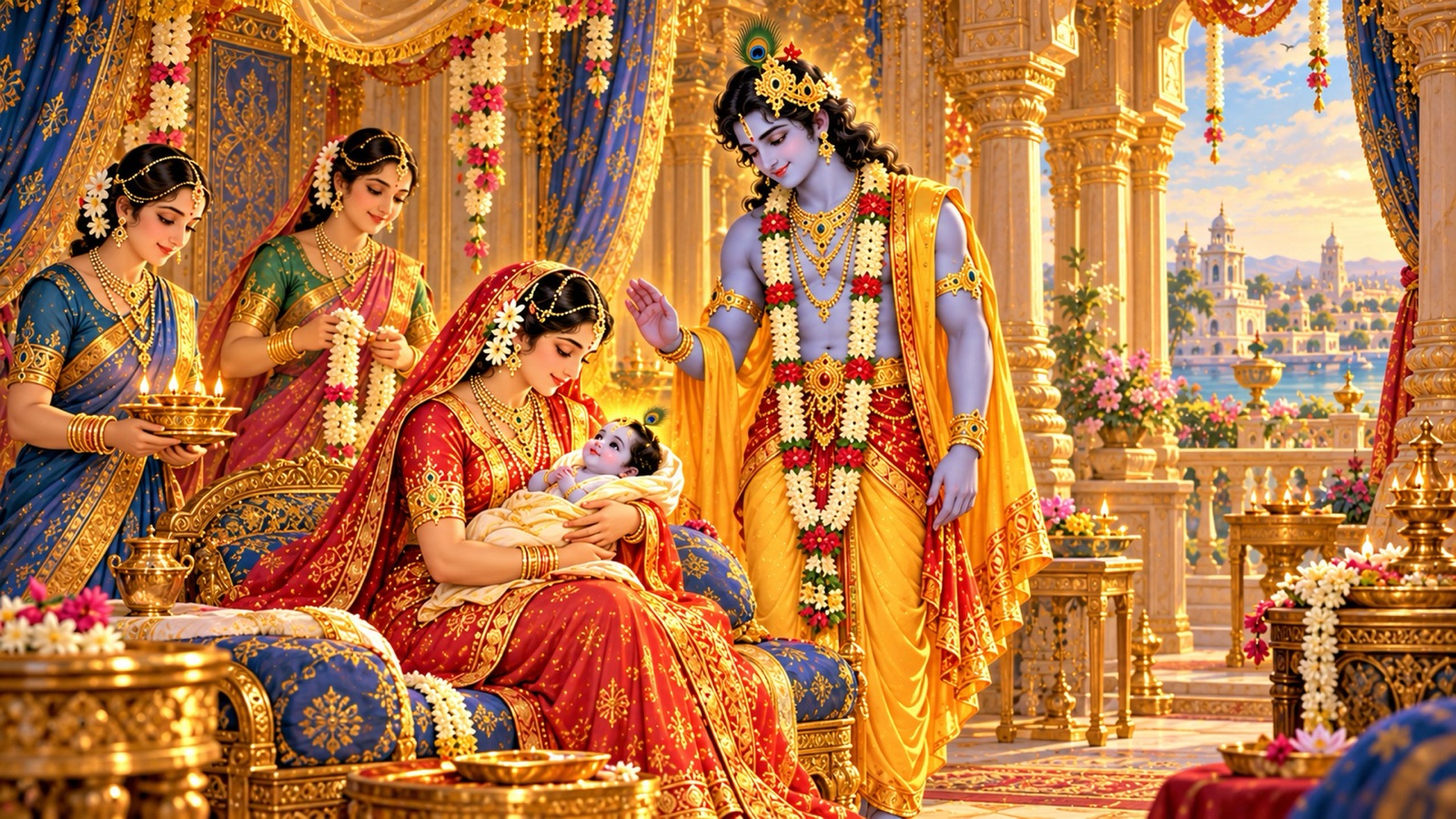 Rukmini cradling the newborn Pradyumna in the palace of Dvaraka as attendants and Krishna look on with joy