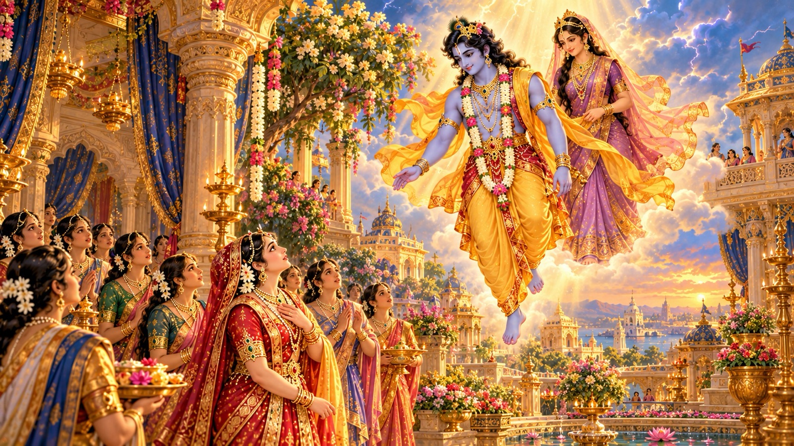 Pradyumna and Mayavati descending from the sky into the inner palace of Dvaraka as Rukmini and the palace ladies look on in wonder