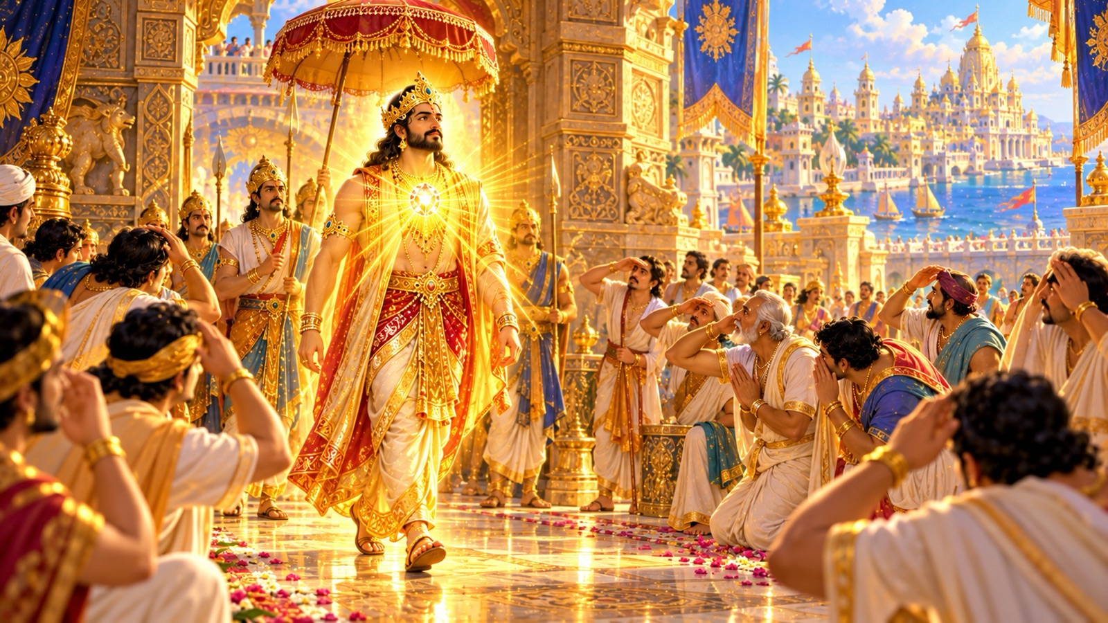 स्यमन्तक मणि धारण किए सूर्य-सा दमकता हुआ द्वारका में प्रवेश करता सत्राजित, और आँखें ढकते चौंधियाए नगरवासी