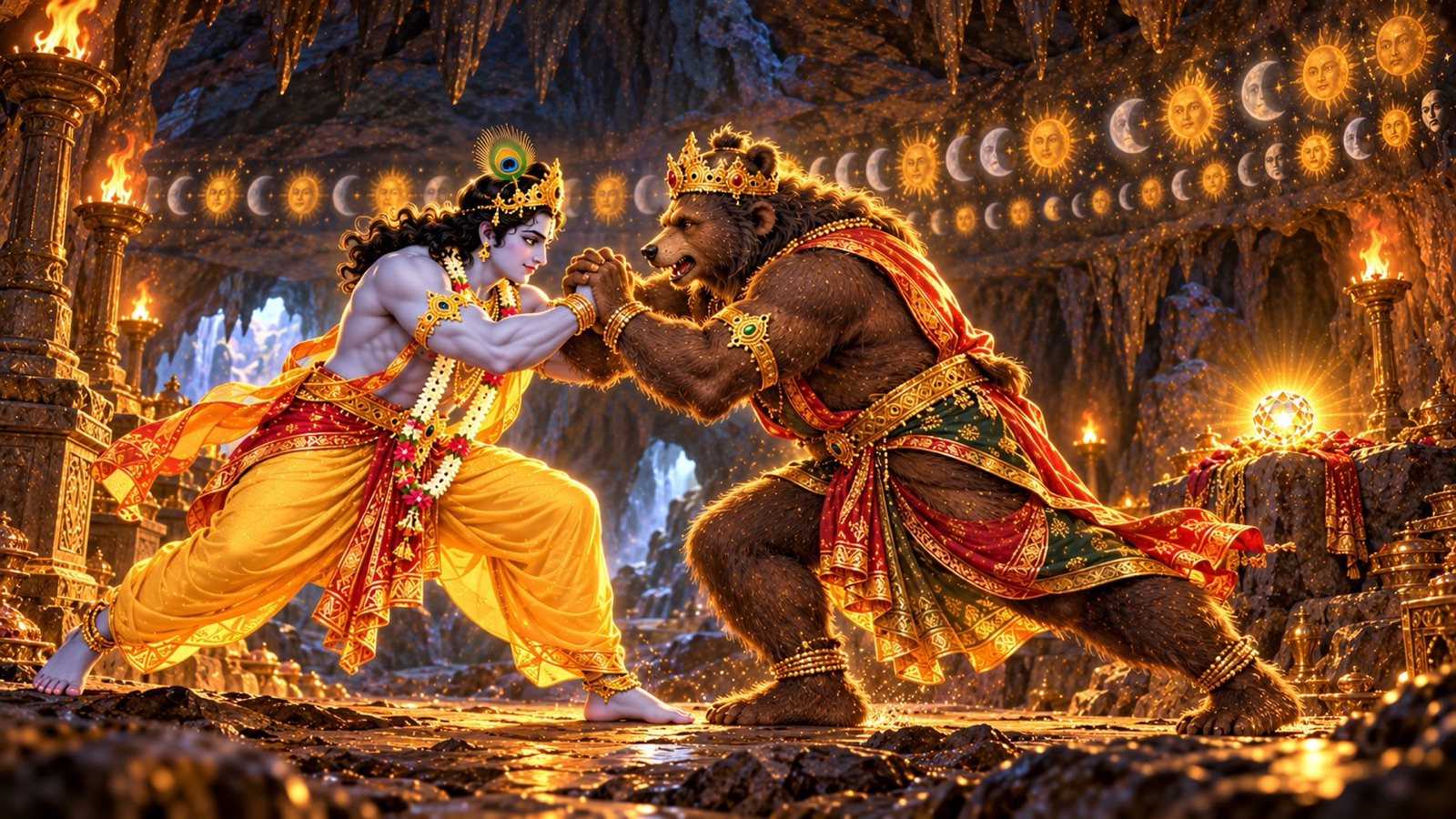 पर्वत-गुफा के भीतर श्रीकृष्ण और ऋक्षराज जाम्बवान का गरिमामय मल्लयुद्ध
