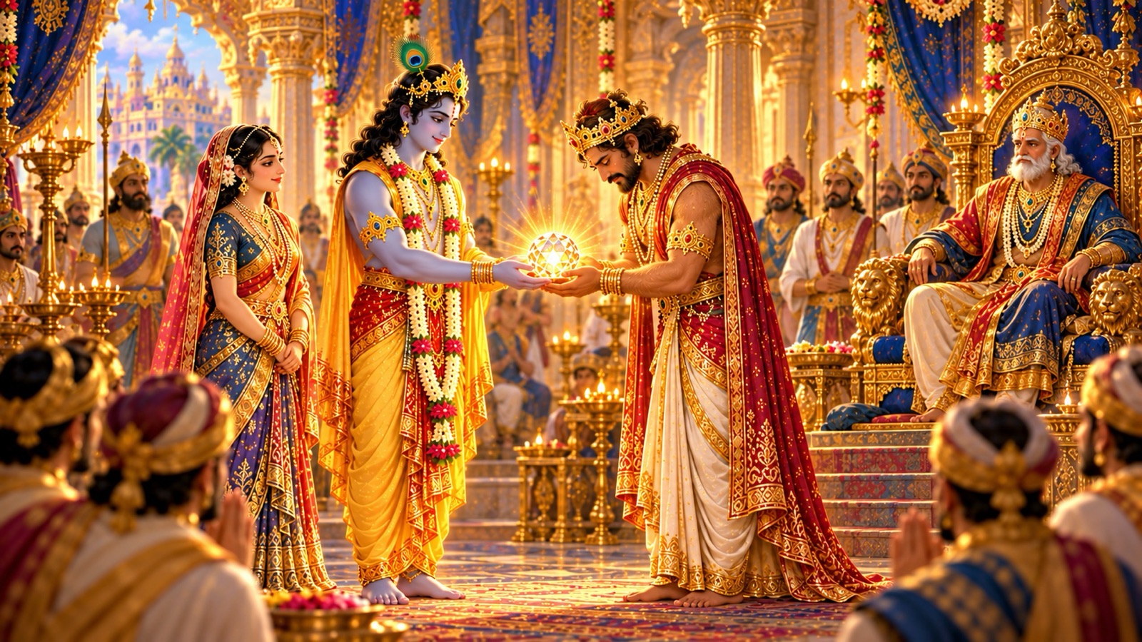 द्वारका की राजसभा में राजा उग्रसेन के समक्ष लज्जित सत्राजित को स्यमन्तक मणि सौंपते श्रीकृष्ण