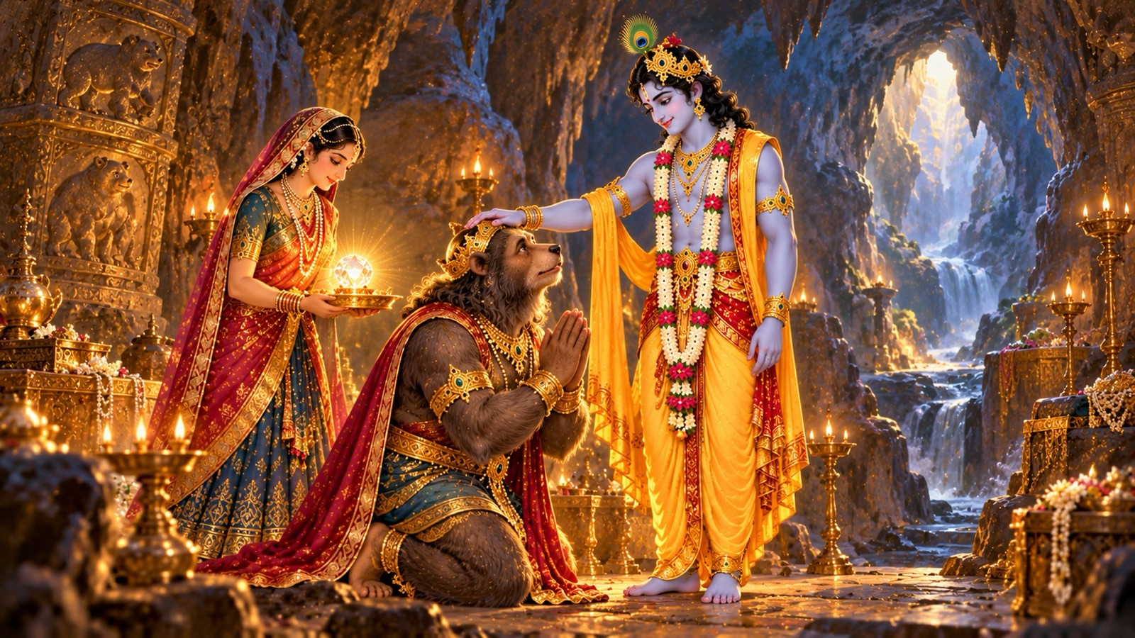 अपनी गुफा में श्रीकृष्ण के समक्ष हाथ जोड़े झुका ऋक्षराज जाम्बवान, स्यमन्तक मणि और अपनी पुत्री जाम्बवती को अर्पित करता हुआ