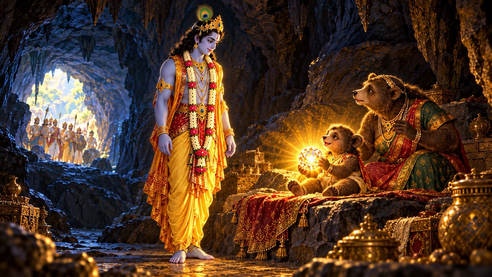Krishna standing alone in the dark cave of Jambavan beside an infant playing with the glowing Syamantaka jewel
