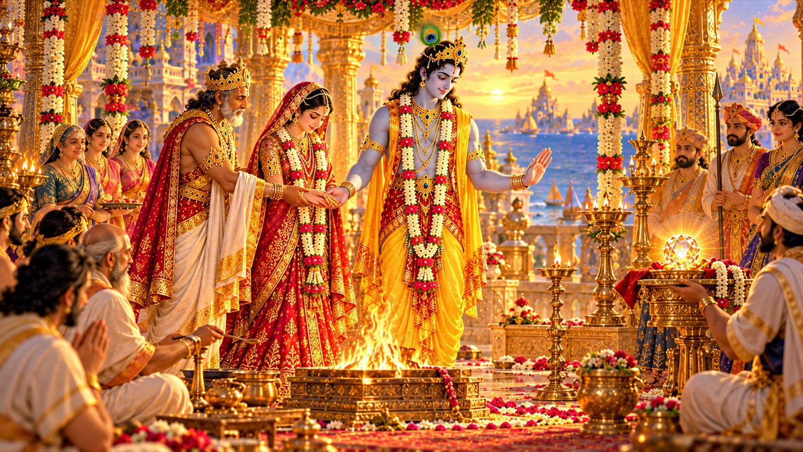 Satrajit offering his daughter Satyabhama and the Syamantaka jewel to Krishna at a sacred wedding ceremony