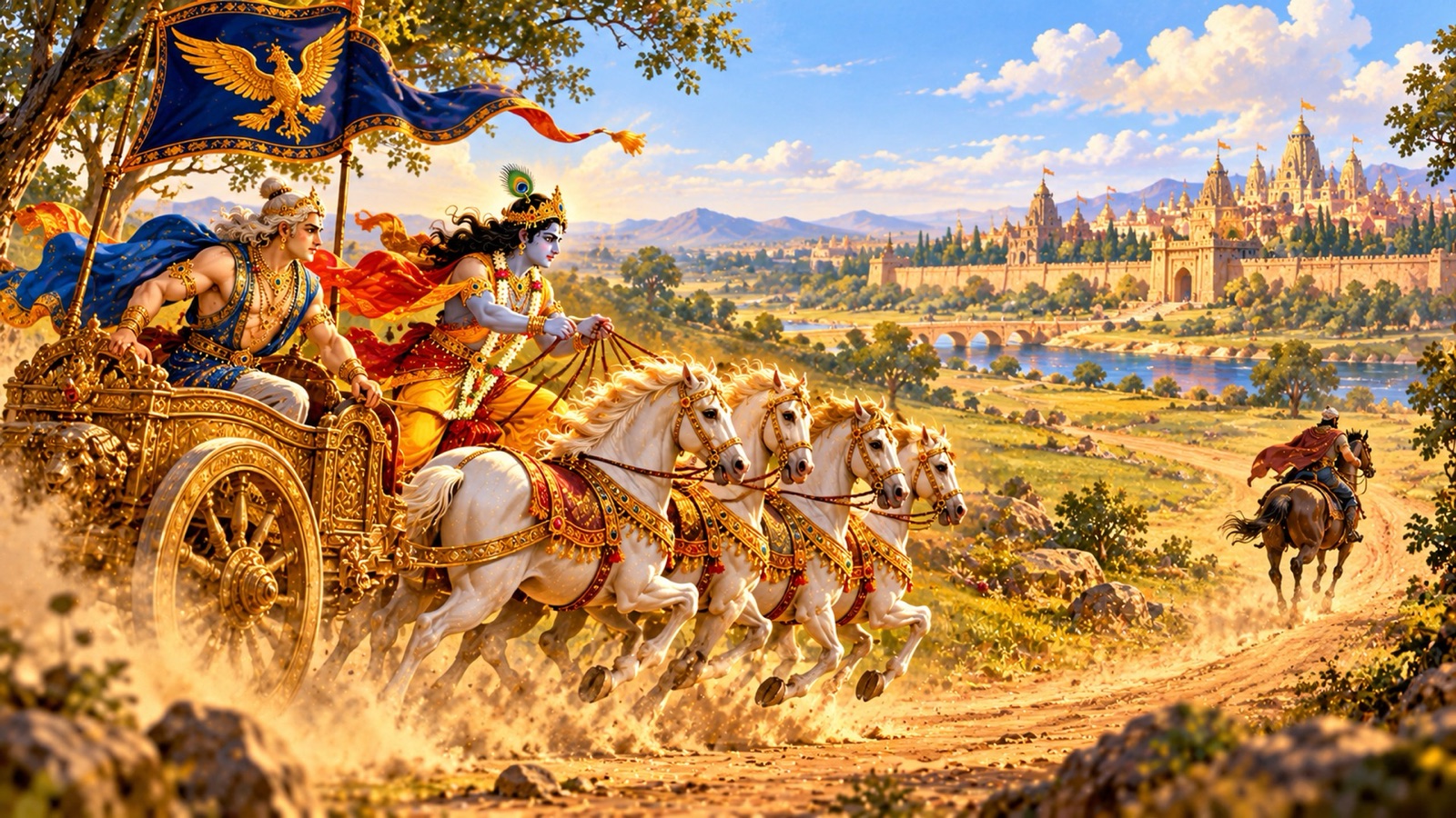 गरुड़ध्वज वाले, चार तीव्र घोड़ों से जुते रथ पर दूर भागते सवार का पीछा करते कृष्ण और बलराम