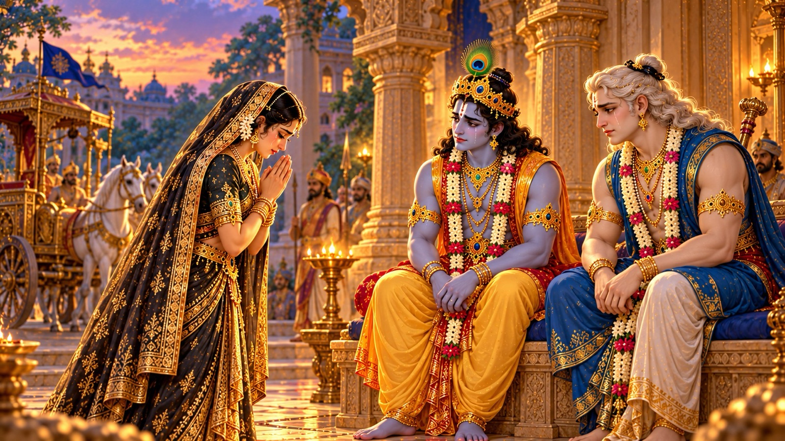Satyabhama in mourning before Krishna and Balarama at Hastinapura, the brothers listening with sorrowful faces