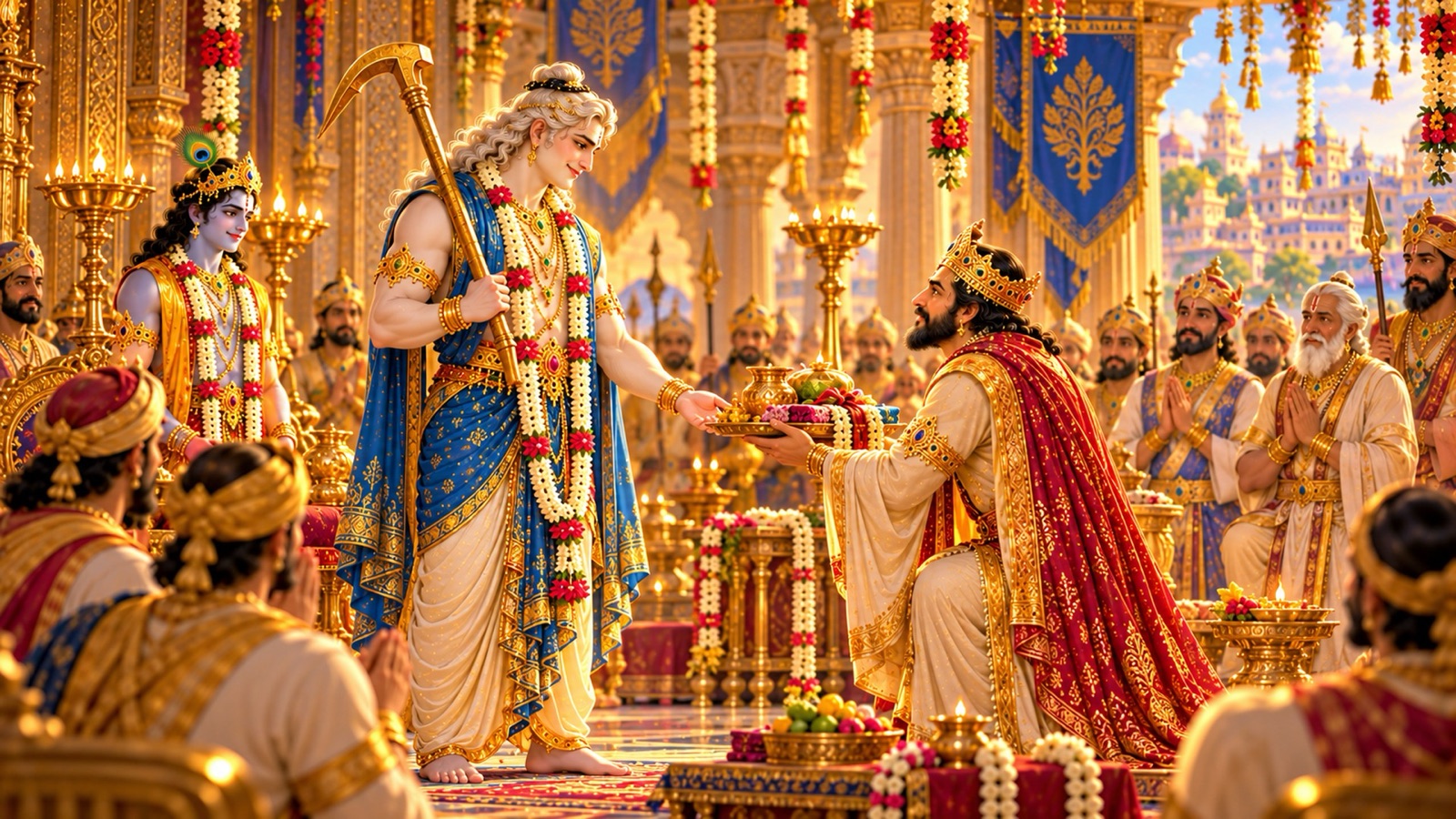 King Janaka of Mithila rising from his throne to honour Balarama with offerings as courtiers look on