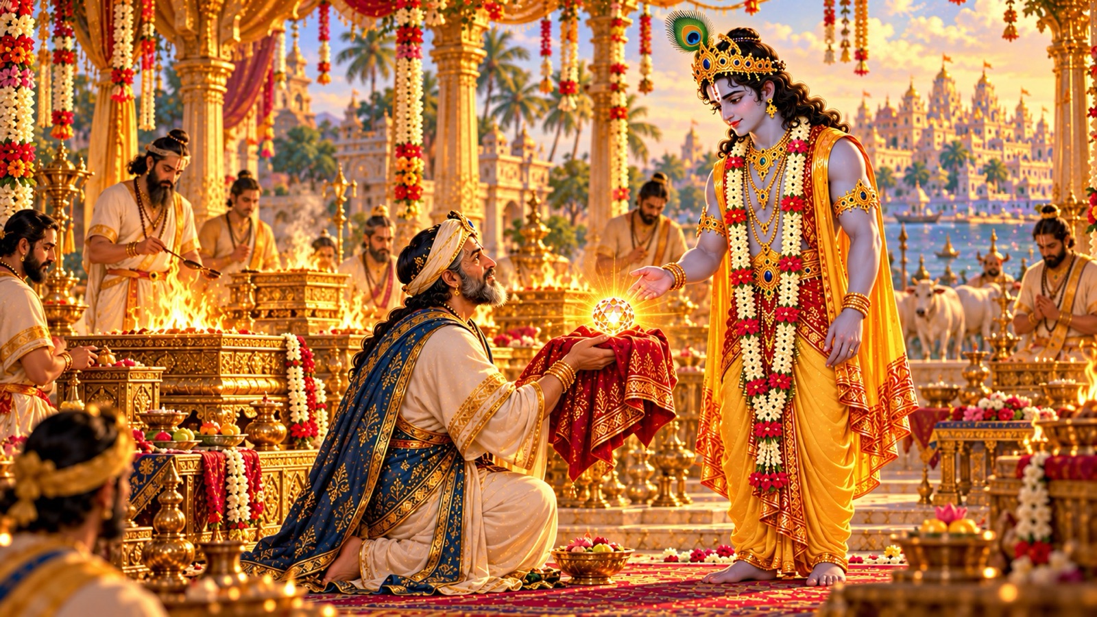 Akrura kneeling to present the cloth-wrapped Syamantaka jewel to Krishna, with golden sacrificial altars glowing behind him