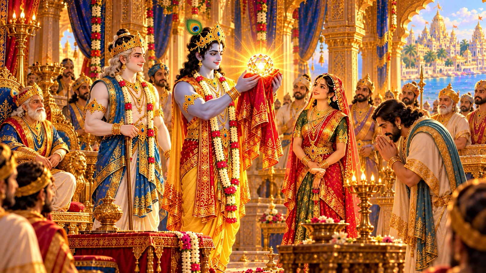 Krishna unwrapping the radiant Syamantaka jewel before Balarama, Satyabhama and the Yadava kinsmen in the Dwaraka assembly while Akrura stands with folded hands