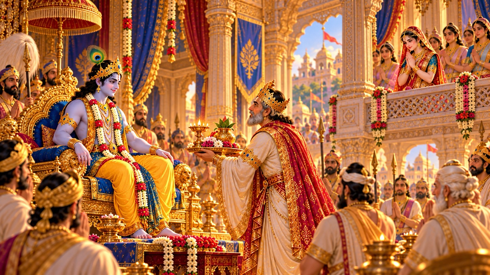 अयोध्या के दरबार में राजा नग्नजित् द्वारा श्रीकृष्ण के स्वागत के समय हाथ जोड़े प्रार्थना करती राजकुमारी सत्या