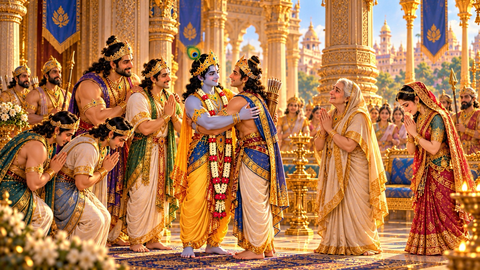 Krishna welcomed at Indraprastha by the five Pandavas, with Kunti and Draupadi greeting Him with folded hands