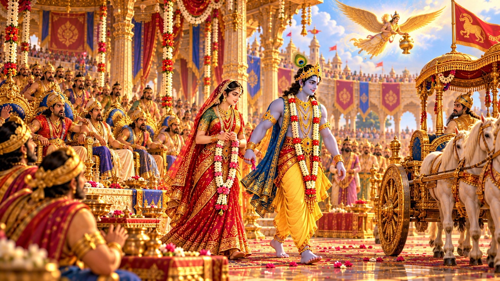 Krishna leading Princess Lakshmana to His chariot from the svayamvara hall of Madra as assembled kings look on