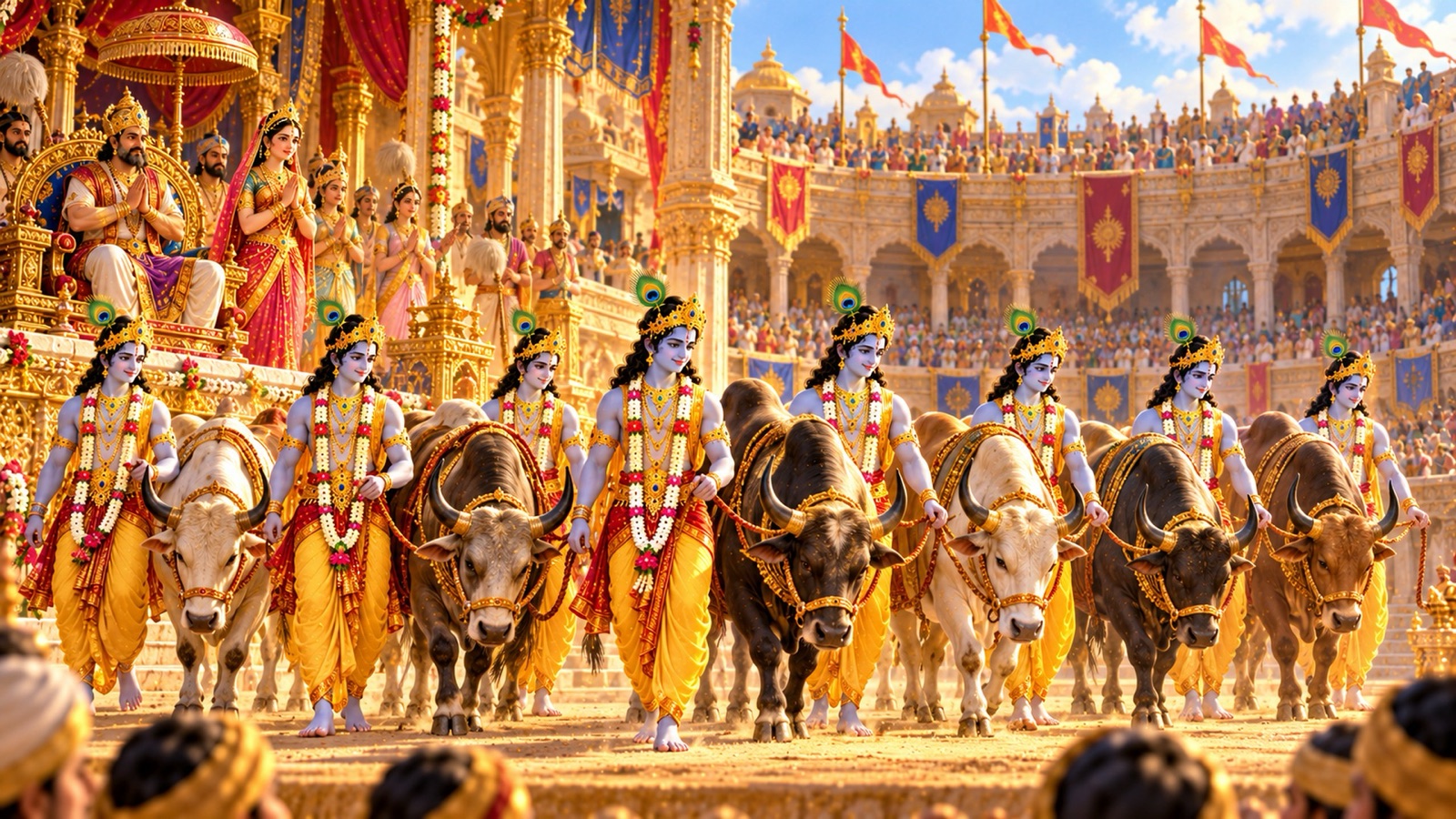 Krishna in seven forms holding the seven bulls of Kosala by their nooses before King Nagnajit and Princess Satya at Ayodhya