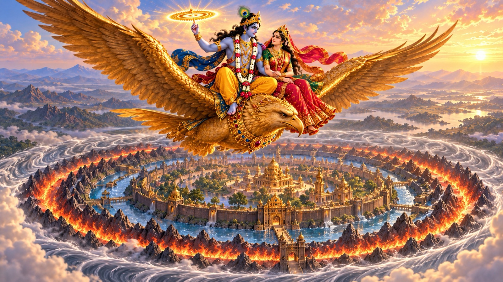 तेजस्वी सुदर्शन चक्र उठाए, गरुड़ पर सवार श्रीकृष्ण और सत्यभामा घेरेदार दुर्ग-नगरी प्राग्ज्योतिषपुर की ओर बढ़ते हुए